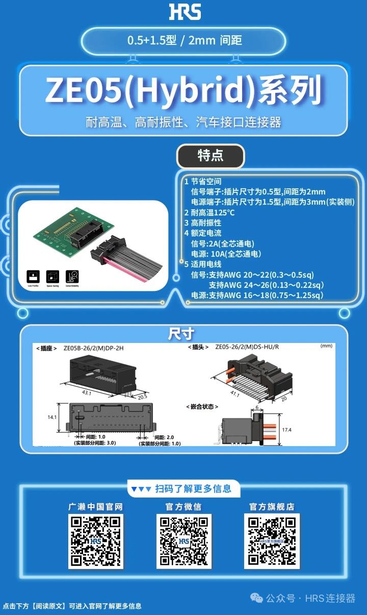 【產品推薦】耐高溫、高耐振性、汽車接口、電源信號混合型連接器ZE05系列